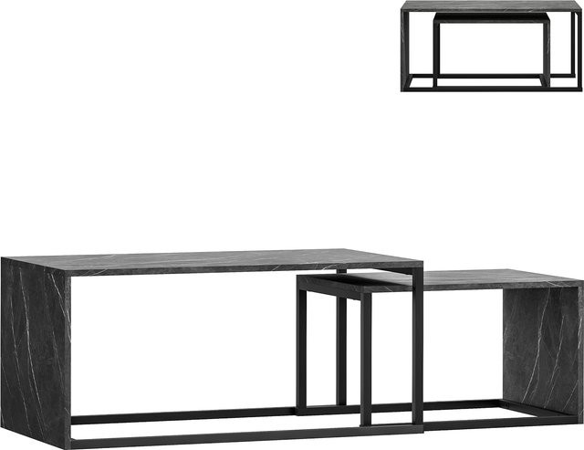 HOMCOM Set mit 2 verschachtelbaren Beistelltischen im Industriestil, Metall und MDF, Schwarz und dunkelgraue Marmoroptik, B/T/H: 90 x 48 x 42 cm - Bild 1