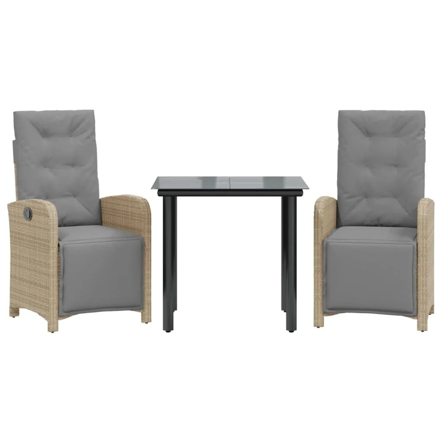 vidaXL 3-teiliges Bistro-Set aus Poly-Rattan in Beige mit Kissen und Hartglas Tischplatte, B/T/H: 60 x 110 x 60 cm - Bild 2