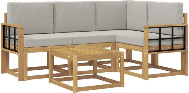 vidaXL Outdoor-Sofagarnitur 5-teilig in L-Form aus Akazienholz mit Polsterkissen, Weiß-hellgrau, B/T/H: 59 x 59 x 37 cm - Bild 1