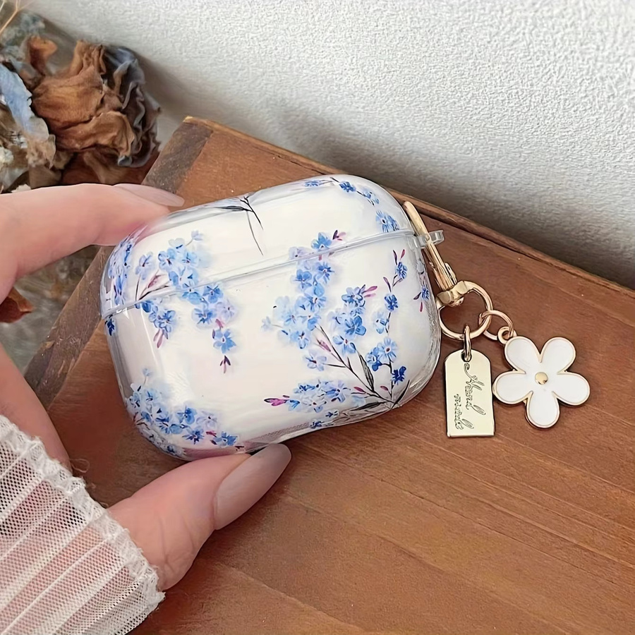 Transparente Schutzhülle mit blauem Blumenmuster für Apple AirPods Pro, Pro 2, Pro 3 und AirPods 4/3/2/1 - Bild 2