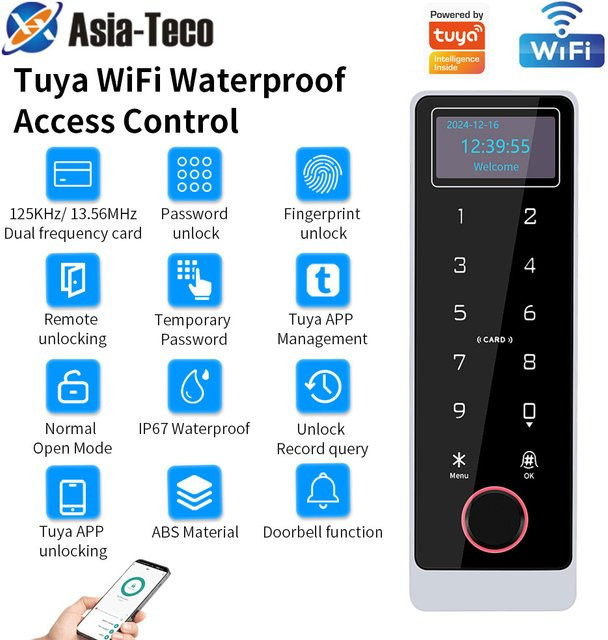 Asia-Teco Fingerabdruck-Zutrittskontrolltastatur aus Metall mit LED-LCD-Display und Tuya-App-Unterstützung, IP67 regenfest - Bild 1