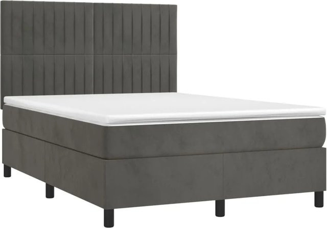 vidaXL Boxspringbett mit Matratze in Dunkelgrau, Hybridbett mit LED-Unterbettbeleuchtung und USB-Anschluss, Samt, B/T: 140 x 190 cm - Bild 1