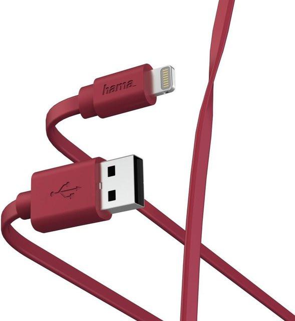 Hama Flat Lade- und Datenkabel USB-A auf Lightning in Rot, 1 m - Bild 1