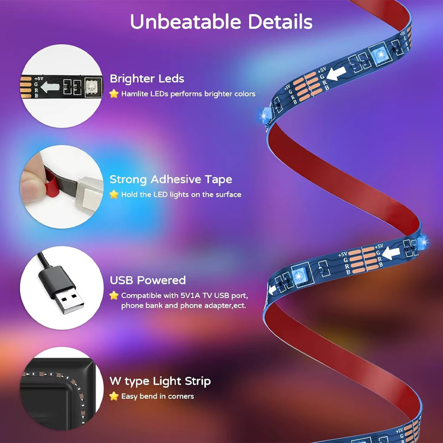 CENFAYA RGB LED Streifen mit Apple HomeKit und WiFi zur TV Hintergrundbeleuchtung, dimmbar via Siri Sprachsteuerung, USB Anschluss, Multicolour - Bild 5