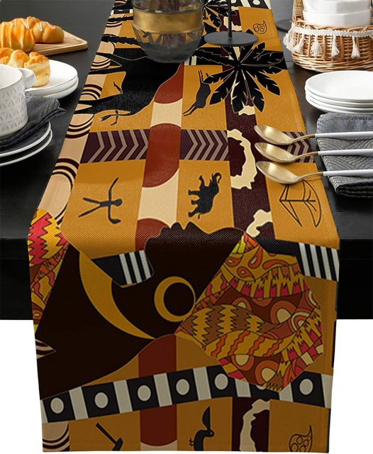 JINGYUE Pet Tischläufer aus Leinen mit afrikanischem Design, Elefant und Giraffe, Mehrfarbig, B: 150 cm, T: 33 cm - Bild 1