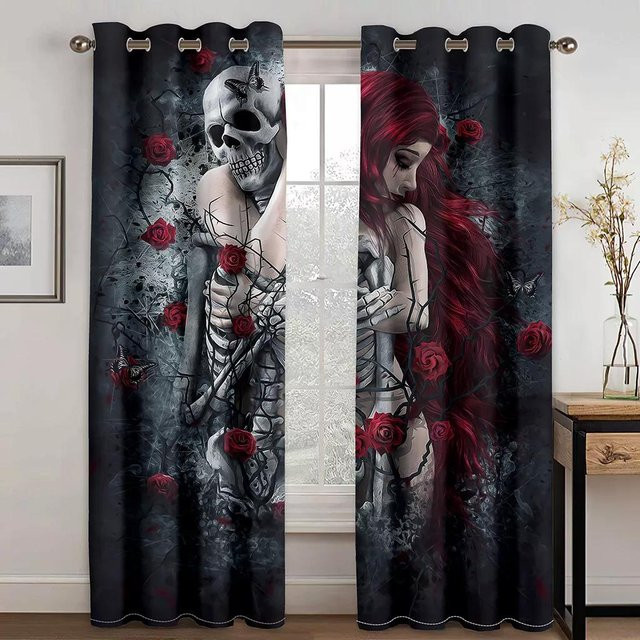 Piratenpaar Sexy Skeleton Punk Vorhangset aus Polyester in Schwarz, 2er-Set, semi-transparent mit Ösen, Höhe: 130 cm, Breite: 100 cm - Bild 1