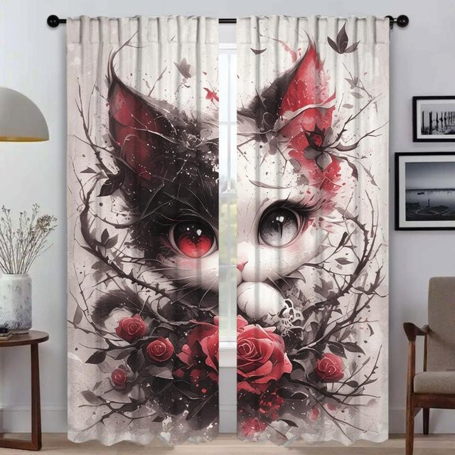Halloween Dekoration Niedliche Kleine Katze Moskitonetz Vorhänge aus Tüll für Kinderzimmer und Schlafzimmer, Weiß, B: 50 cm, H: 70 cm, 2 Stück - Bild 1