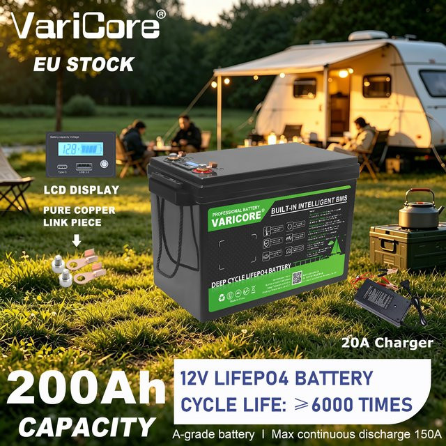 Varicore 12V 200Ah LiFePO4 Akku-Pack Deep Cycle Lithium-Eisenphosphat-Batterie mit BMS in Schwarz für Wohnmobile, Solaranlagen und Boote - Bild 1