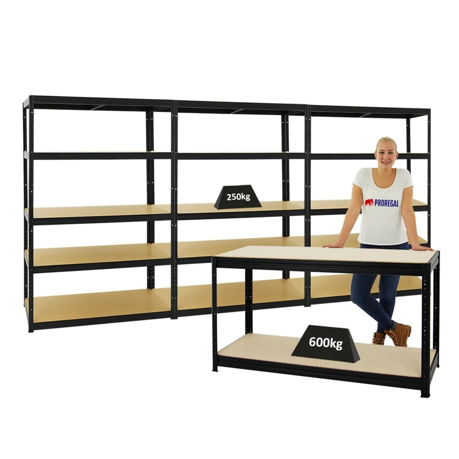 PROREGAL Set aus 3x Schwerlastregal Big Elephant M und 1x höhenverstellbarer Werkbank Big Dino in Schwarz, H 180 x B 120 x T 60 cm und H 90 x B 160 x T 60 cm - Bild 2
