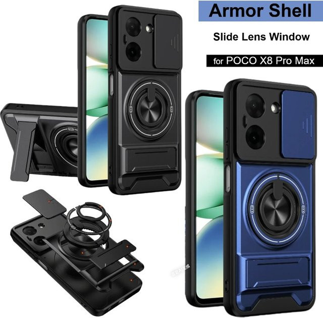 Robuste Xiaomi Poco X8 Pro Max X7 F8 Ultra F7 M8 M7 Pro 4G/5G Handyhülle aus PC und TPU mit Schiebe-Kameraabdeckung und Stoßschutz in Schwarz oder Silber - Bild 1
