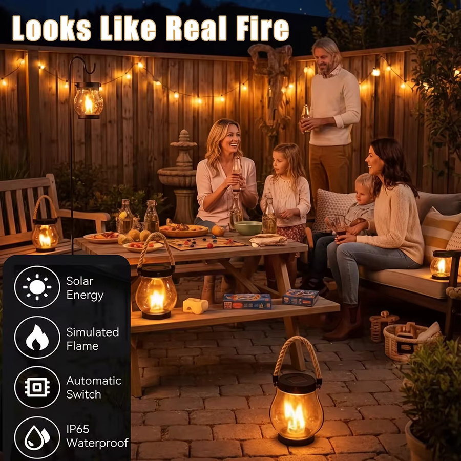 Wasserdichte Solar-Flammenlampe in Schwarz mit Typ-C-Ladefunktion und 3D-Flammen-Effekt als dekorative Hängeleuchte für Garten und Terrasse - Bild 3