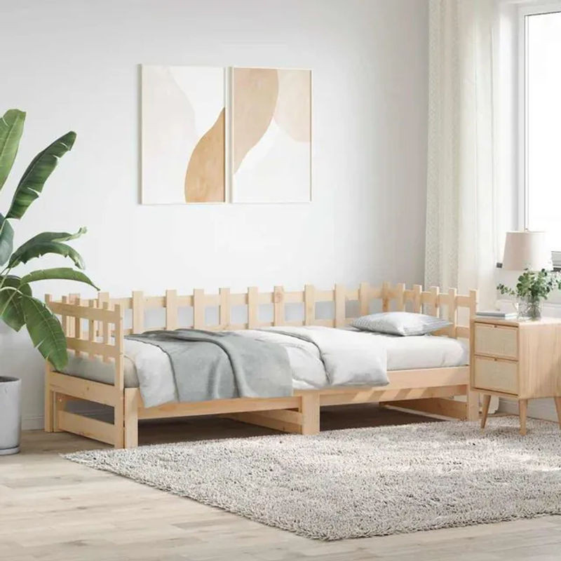 Vidaxl Ausziehbett aus Kiefer Massivholz in Natur, Skandinavischer Landhausstil, B/T: 180 x 200 cm (2x 90 x 200 cm) - Bild 1