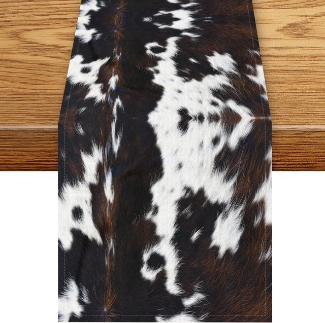 JINGYUE Pet Tischläufer aus Leinen mit Kuhfell-Druck in Schwarz, B/L: 150 x 33 cm - Bild 1