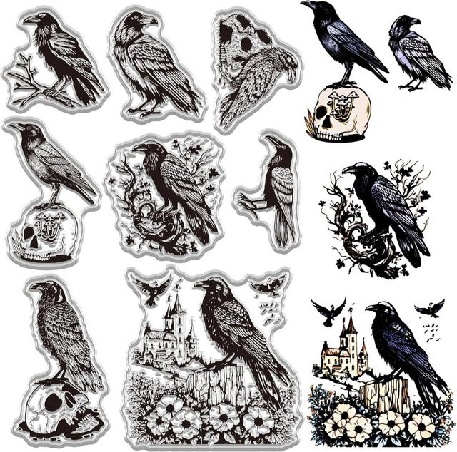 Transparenter Halloween-Gummistempel Rabenkrähe und Vogelschädel für Kartenherstellung und Gothic-Dekoration - Bild 1