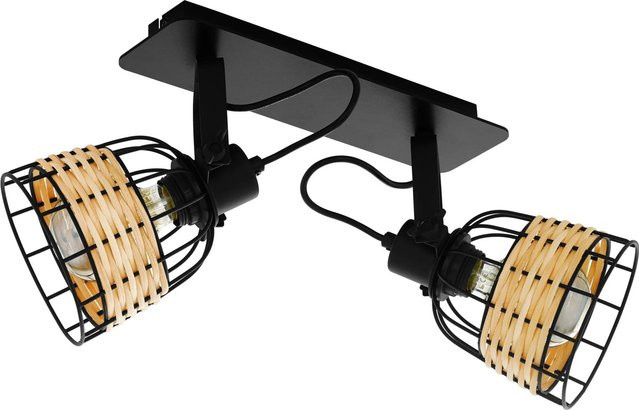 Eglo Spot 2er Anwick Deckenleuchte in Schwarz-Natur im Vintage-Stil mit Rattan und Stahl - Bild 1