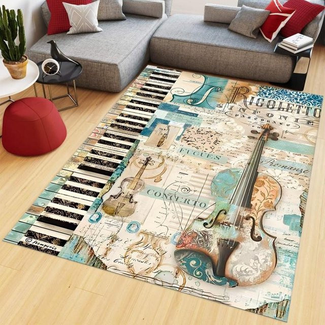 LOLO IU Musik-Teppich mit Klaviertasten und Violinschlüssel in Schwarz Weiß, rutschfest und waschbar, B/T: 120 x 80 cm - Bild 1