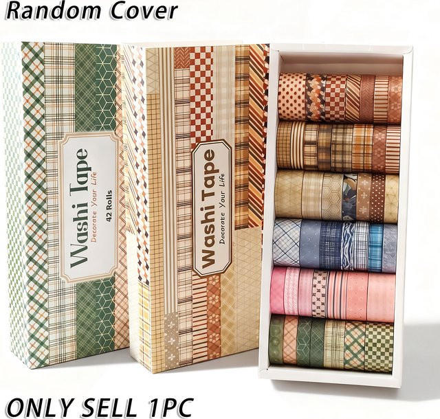 42 Rollen Washi-Tape-Set mit kariertem Design in Braun und Multicolour für Scrapbooking und Bullet Journaling - Bild 1