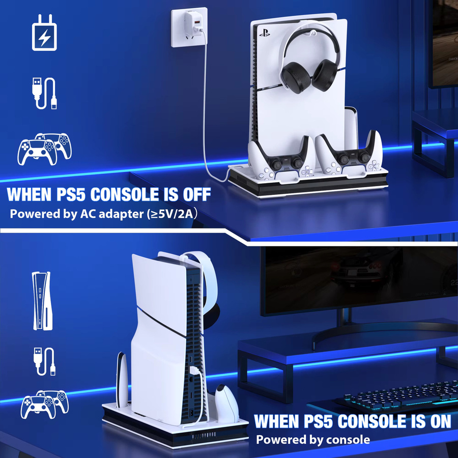 Sony Ladestation für PS5 Pro und PS5 Slim mit vertikaler Kühlung und Controller-Ladeständer in Weiß - Bild 4