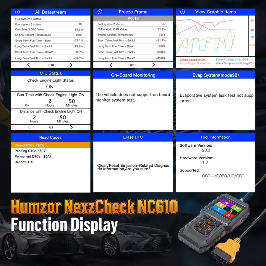 HUMZOR NC610 OBD2 Scanner Auto Diagnose Werkzeug für 12V 24V PKW und Lkw in Schwarz - Bild 4