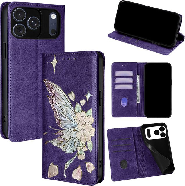 Magnetische Leder-Handtasche mit Schmetterlingsmuster als Flip Wallet Cover für iPhone 17 Pro Max, 16, 15, 14, 13, 12, 11 Pro Max, 16 Plus und 16E in Schwarz - Bild 1