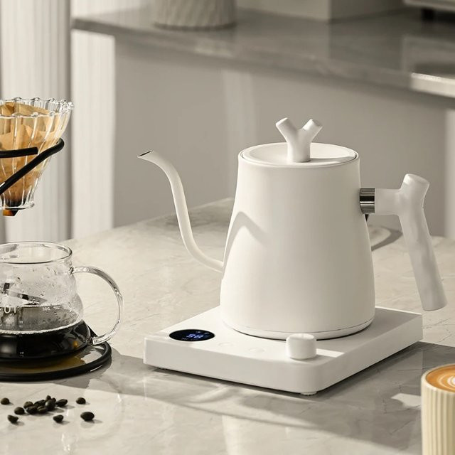 CoffeeTea Elektrischer Schwanenhals-Wasserkocher aus Edelstahl mit LED-Anzeige und Temperaturkontrolle, 1000 ml, Silber/Weiß - Bild 1