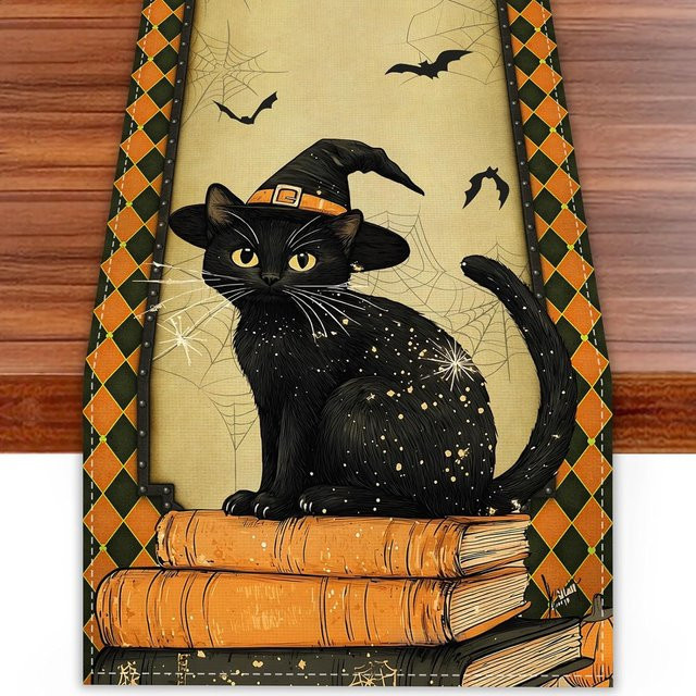 JMG Household Supplies Halloween Tischläufer aus Leinen mit schwarzer Katze, beige, B/H: 150 x 33 cm - Bild 1
