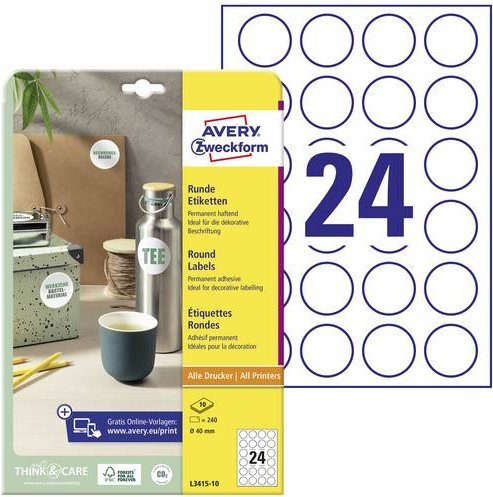 Avery Zweckform L3415-10 Universal-Etiketten Weiß, Ø 40 mm, 240 Stück, Papier, permanent haftend für Laserdrucker und Farblaserdrucker - Bild 1