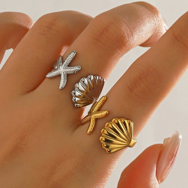 Yerik Ring Edelstahl, Seestern-Muschel, Gold, Damen, Vintage - Bild 1