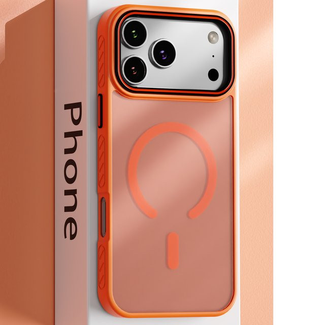 NYFundas MagSafe Handyhülle mit magnetischer Anti-Rutsch-Matte für iPhone 17 Pro Max, 16 Plus, 15, 14, 13, 12 stoßfest in Schwarz und Orange - Bild 1