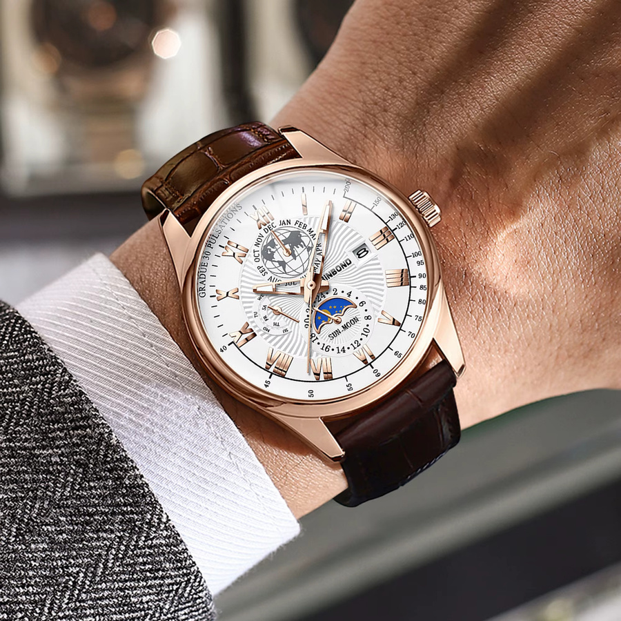 BINBOND Armbanduhr Quarz, Leder, Roségold, Weiß, Herren - Bild 2