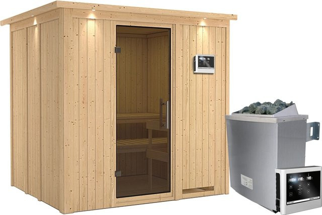 Karibu Sauna SODIN aus Fichtenholz mit 9,0 kW Ofen, externem Steuergerät, Dachkranz und Ganzglastür in Graphit, B: 196 cm, T: 17 cm, H: 210 cm - Bild 1