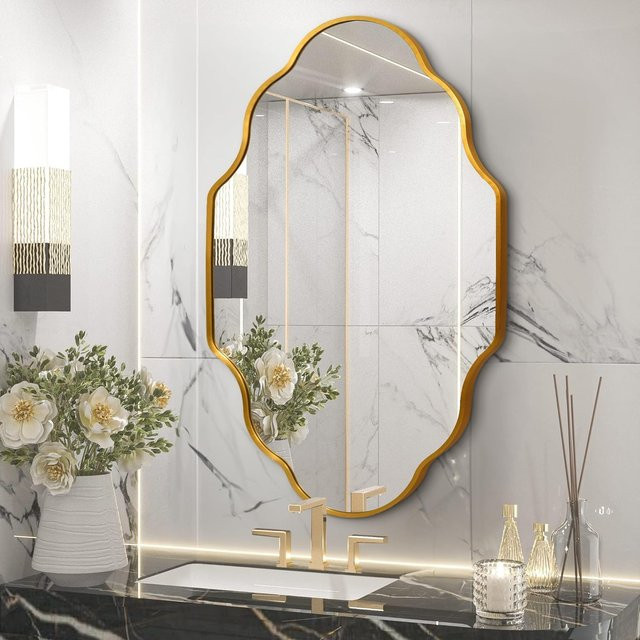 Asymmetrischer Wandspiegel in organischem Design mit Metallrahmen in Gold und Schwarz, Breite: 116 cm, Höhe: 66 cm - Bild 1