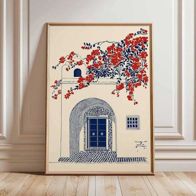 RELIABLI ART Wanddekoration Marokkanische blaue Tür als Paper Poster mit mediterraner Architektur und floralen roten Blumen im Boho-Stil - Bild 1