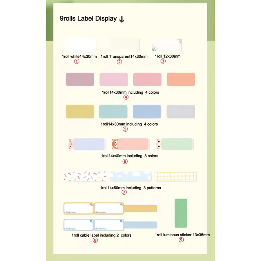 Niimbot Mix-Aufkleber Set aus 9 Rollen, wasserfestes thermisches Etikettenpapier in Multicolour für Niimbot D11, D110, D101 und H1 - Bild 2