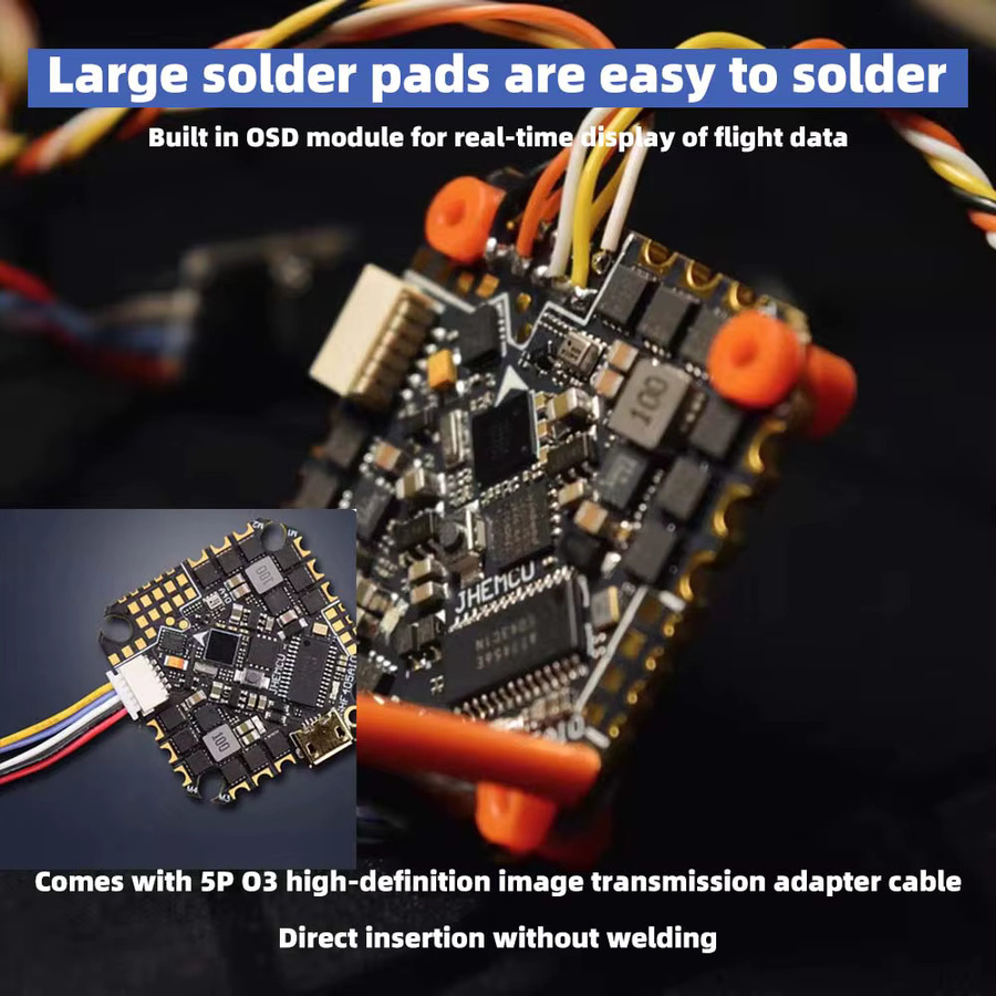 JHEMCU GHF405AIO-HD Flight Controller mit 40A BLHELIS 4in1 ESC, Dual BEC, Baro und OSD für FPV Freestyle Toothpick Drohnen, Schwarz - Bild 3