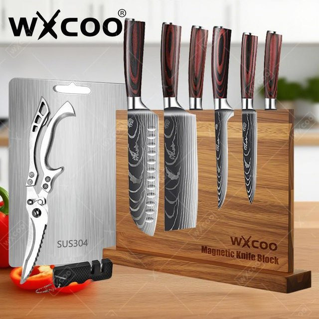 WXCOO Magnetischer Messerblock aus Edelstahl in Silber mit Schneidebrett und Zubehör - Bild 1