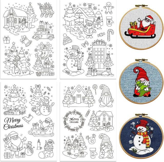 4 Stück Wasserlösliche Stickstabilisatoren mit Weihnachts-Motiven Schneemann und Santa Claus in Weiß für Handstickerei und Stoffstickerei - Bild 1