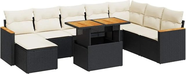 vidaXL 9-tlg. Garten-Sofagarnitur in L-Form aus Poly-Rattan und Akazienholz mit Kissen in Schwarz und Cremeweiß - Bild 1