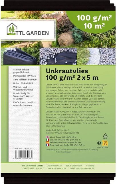 TTL GARDEN Unkrautvlies Schwarz 10m² (2 x 5 m), 100g/m², UV-stabiles Gartenvlies und Mulchvlies für Beete, Wege und Terrassen - Bild 1