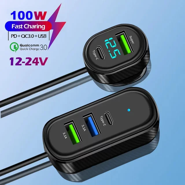 kebidumei 5-in-1 Autoladegerät mit 100W Max. und 66W Superschnellladung, Dual USB und Typ C, Spannungsanzeige, Schwarz, 150cm Kabel - Bild 1