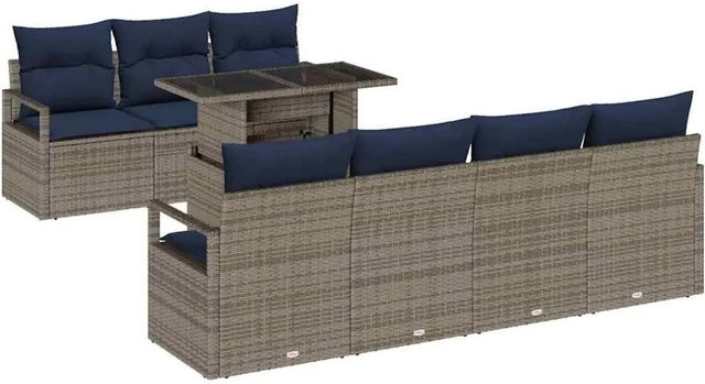 vidaXL Gartensofa-Set 8-teilig aus Poly-Rattan in Grau und Marineblau mit Kissen und Tisch - Bild 1