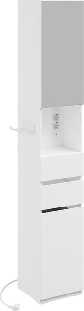 SoBuy Badezimmerschrank in Weiß, moderner Hochschrank mit Spiegelschrank, LED-Beleuchtung und Steckdose, inklusive 2 Schubladen und Regalfächern - Bild 1