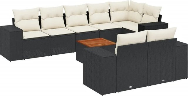 vidaXL 9-tlg. Garten-Sofagarnitur in L-Form aus Polyrattan und Akazienholz mit Kissen, Schwarz und Cremeweiß - Bild 1