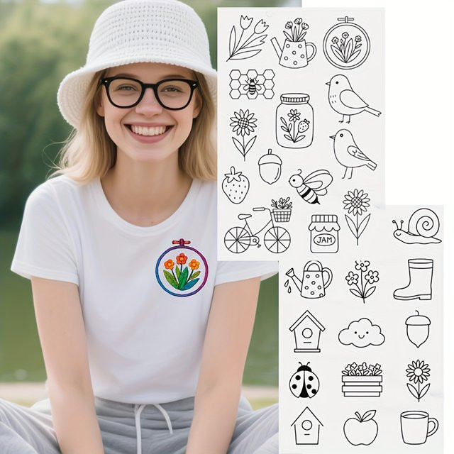 2-teiliges wasserlösliches Transferpapier mit Blumen-, Vogel- und Hausdesigns zum Aufnähen für Stoffdekorationen wie T-Shirts und Taschen - Bild 1