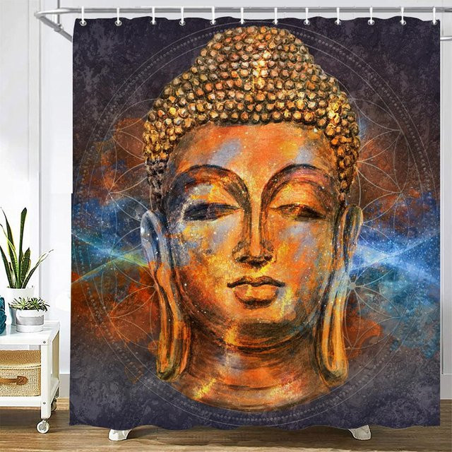 Wasserdichter Duschvorhang mit Buddha-Statue und Bambus-Design aus Polyester, Mehrfarbig, B: 90 cm, H: 180 cm - Bild 1
