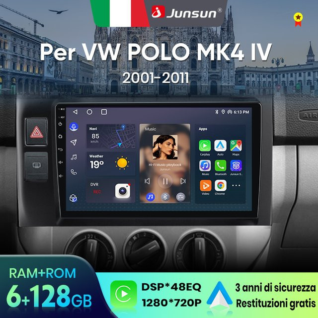 Junsun Android 13 Autoradio für Volkswagen Polo Mk4 IV 2001-2011 mit 9 Zoll Display, 4GB RAM, 64GB Speicher, GPS, Carplay, Bluetooth und Rückfahrkamera Unterstützung, Schwarz - Bild 1