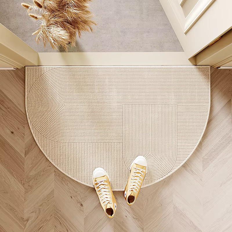 VIKAMA Halbrunde Fußmatte in Beige, rutschfest und schmutzabweisend, moderne Eingangstürmatte mit grafischem Design, Durchmesser: 60 cm - Bild 1