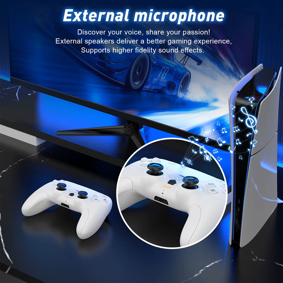 Bonadget Kabelloser Controller für PlayStation 5 und PC in Weiß mit Dual-Vibration, Turbo-Funktion, Bluetooth und BT-Adaptiv-Trigger sowie externem Mikrofon - Bild 5
