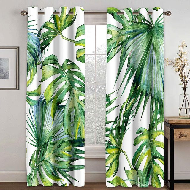 2er-Set A Family Of Home Textiles Vorhang mit tropischem Abalone-Blatt-Druck, halbtransparent, mehrfarbig, B: 50 cm, H: 50 cm - Bild 1