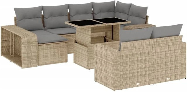 vidaXL 11-tlg Garten-Sofagarnitur in L-Form aus beigem Poly-Rattan mit Kissen und pulverbeschichtetem Stahlgestell - Bild 1